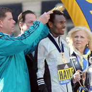 Image for mayor walsh crowned winner lemi berhanu hayle at the 2016 boston marathon