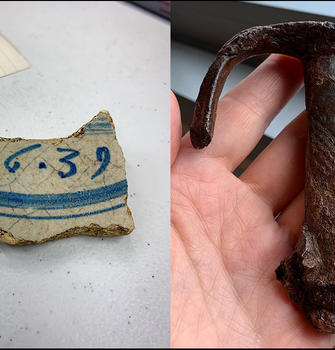 A collage of four images of archaeological artifacts: a small, triangular Native stone projectile point, a fragment of tin glazed pottery bearing the date 1639, an iron sword hilt, and the base of a uranium glass bottle glowing under a blacklight.