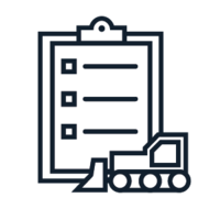 Icon drawing of a clipboard with a small bulldozer in foreground
