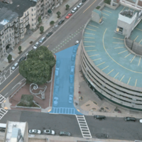 Roadway space to be transformed into a pedestrian plaza highlighted in blue