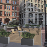 Image shows a pedestrian plaza on Liberty Square with planters, seating, and a painted street