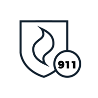 Natural disaster icon inside a badge shape beside "911" in a circle