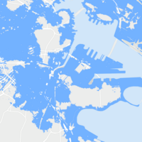 A map of Boston highlights roughly 1/6 of the city, showing areas that would flood in the event of a 100-year storm.