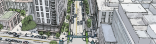 A hand drawn bird eye view depiction of the Harrison Avenue reconstruction project, showing existing mid-rise buildings surrounding a new, revitalized streetscape with trees, wider sidewalks, and separated bike lanes